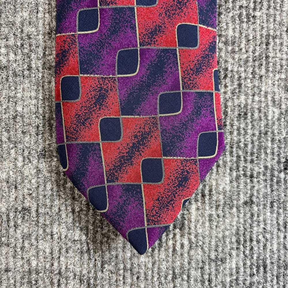 David Lawrence Mens Silk Tie Geometric Diamond Purple Red Navy Hand Made Italy